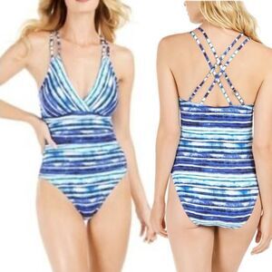 NWT La Blanca Serene stripe tummy control,with underwire and cross back in blue
